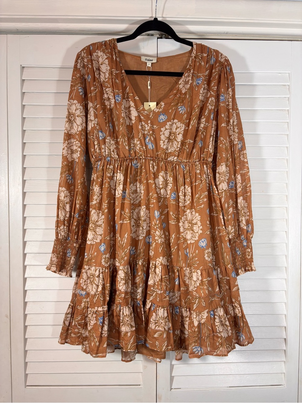 Tolani Boho Floral Long Sleeve Mini Dress Caramel Brown Size Small